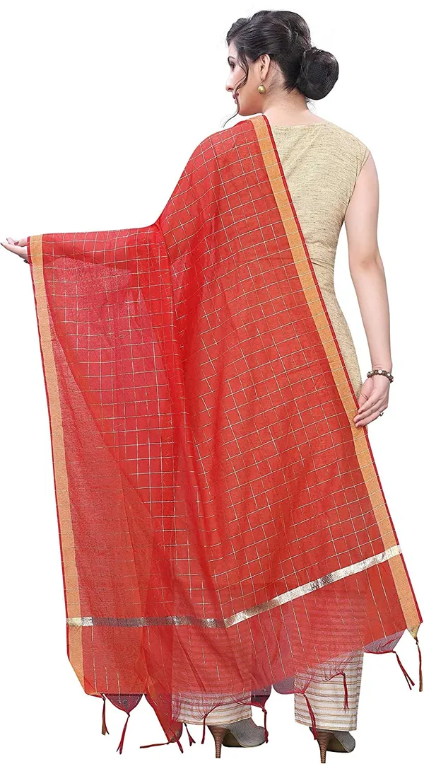 Chanderi_Zari_Checks_Dupatta_With_Woven_Border_Tassels_Red