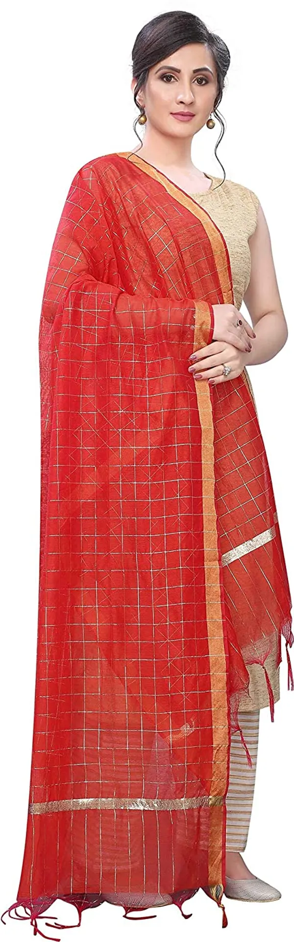 Chanderi_Zari_Checks_Dupatta_With_Woven_Border_Tassels_Red