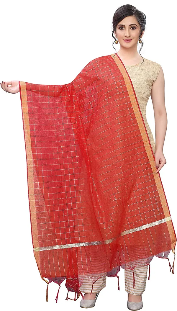 Chanderi_Zari_Checks_Dupatta_With_Woven_Border_Tassels_Red