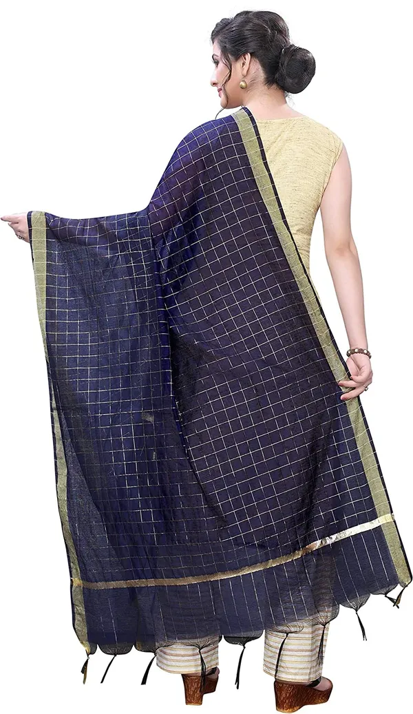 Chanderi_Zari_Checks_Dupatta_With_Woven_Border_Tassels_Navy_Blue