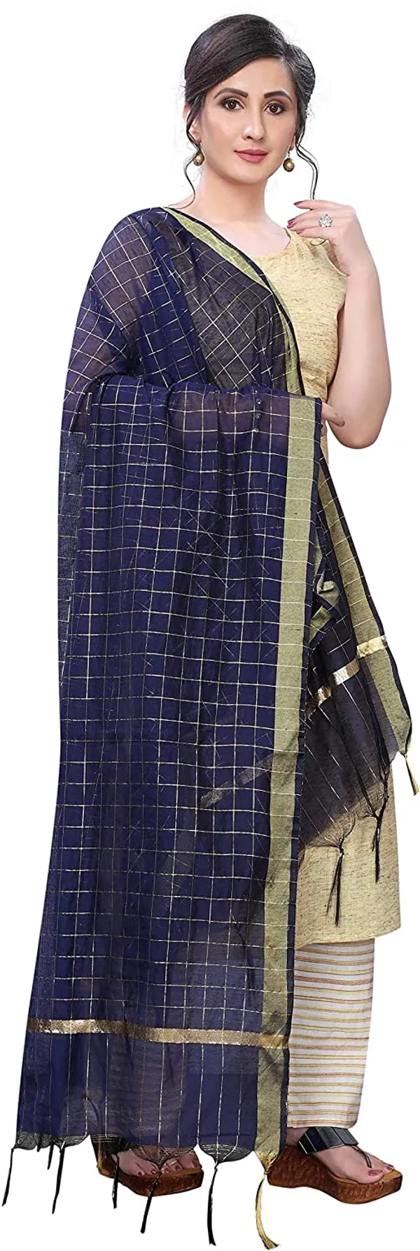 Chanderi_Zari_Checks_Dupatta_With_Woven_Border_Tassels_Navy_Blue