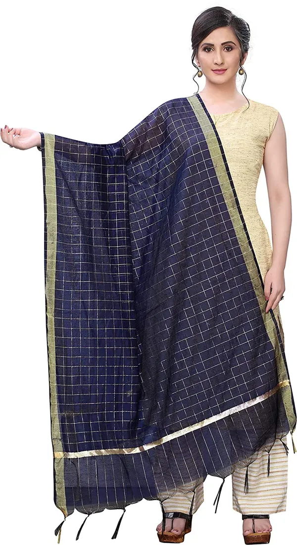Chanderi_Zari_Checks_Dupatta_With_Woven_Border_Tassels_Navy_Blue