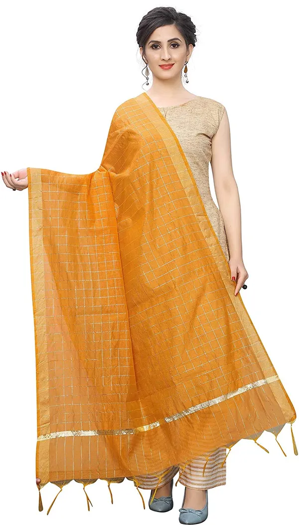 Chanderi_Zari_Checks_Dupatta_With_Woven_Border_Tassels_Yellow