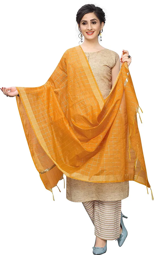 Chanderi_Zari_Checks_Dupatta_With_Woven_Border_Tassels_Yellow