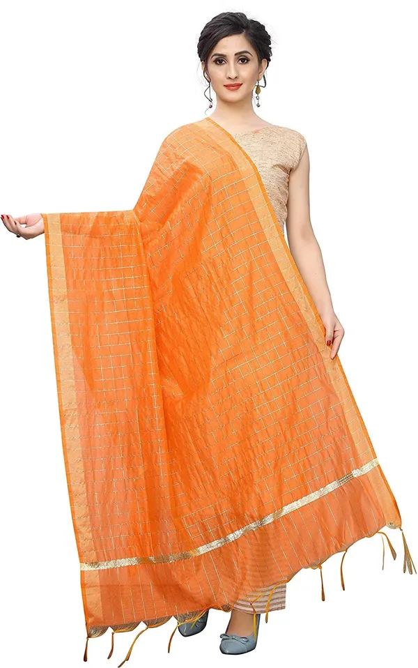 Chanderi_Zari_Checks_Dupatta_With_Woven_Border_Tassels_Orange