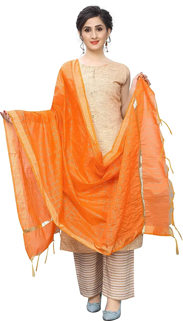 Chanderi_Zari_Checks_Dupatta_With_Woven_Border_Tassels_Orange