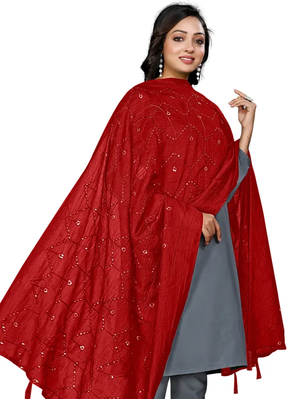 Chanderi_Zigzag_Embroidery_Dupatta_With_Sequins_Tassels_Red