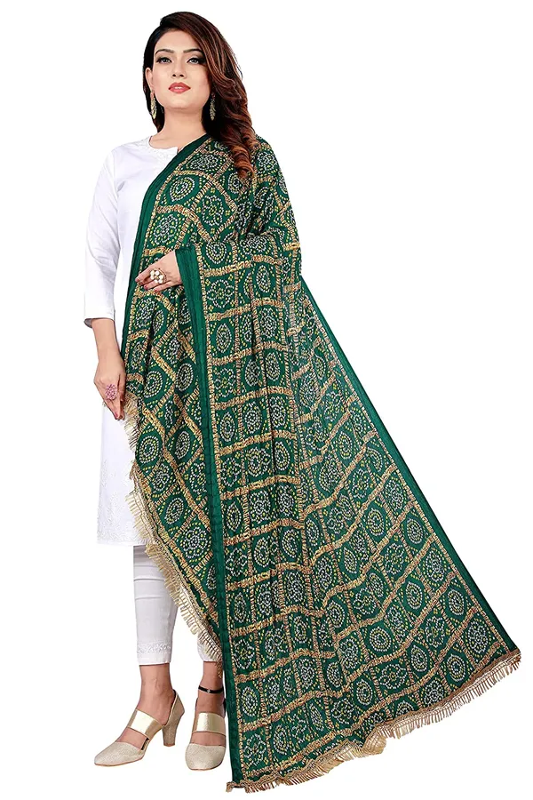 Chinon_Bandhani_Digital_Print_Dupatta_With_Tassels_Green
