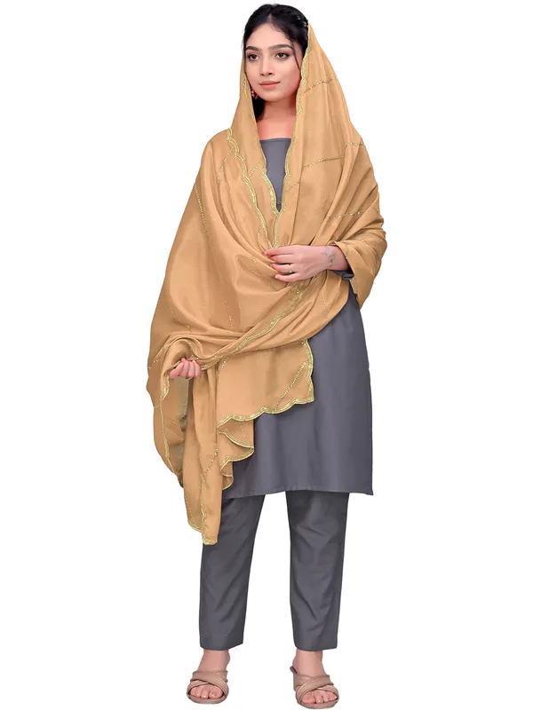 Chinon_Laheriya_Sequin_Work_Dupatta_With_Scalloped_Border_Beige
