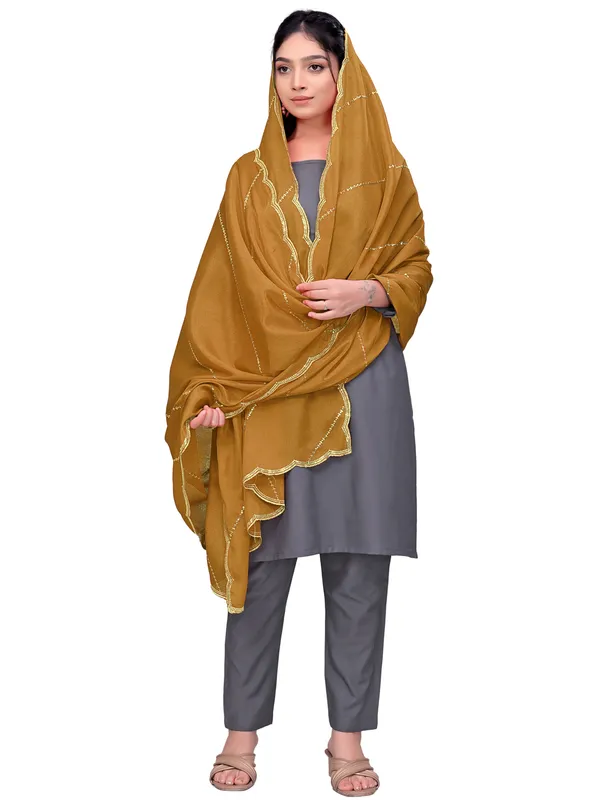 Chinon_Laheriya_Sequin_Work_Dupatta_With_Scalloped_Border_Brown