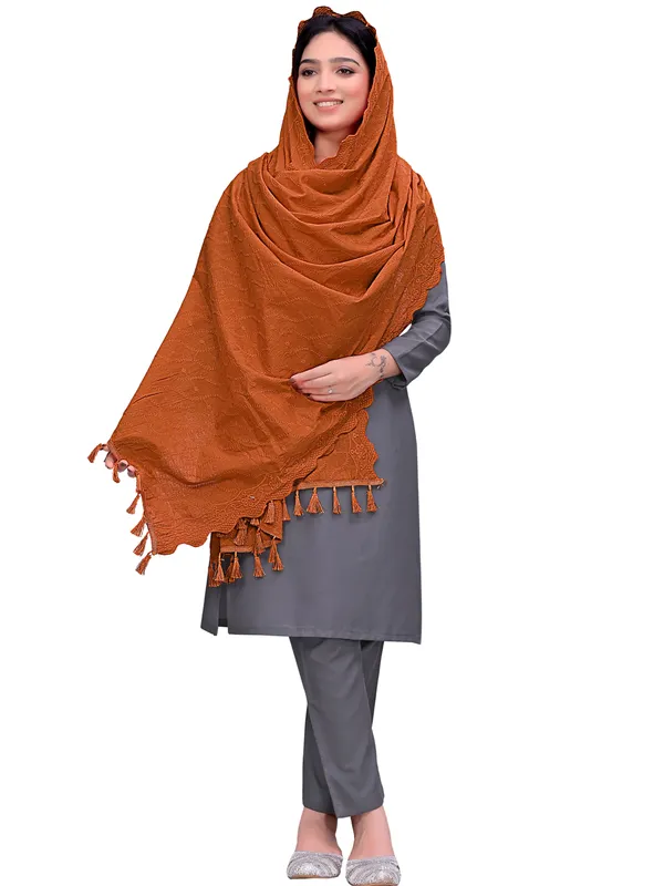Cotton_Schiffli_Dupatta_With_Scalloped_Border_Tassels_Mustard_Yellow