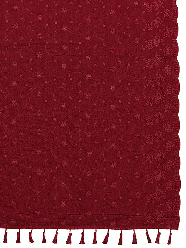 Cotton_Floral_Schiffli_Embroidered_Dupatta_With_Tassels_Maroon