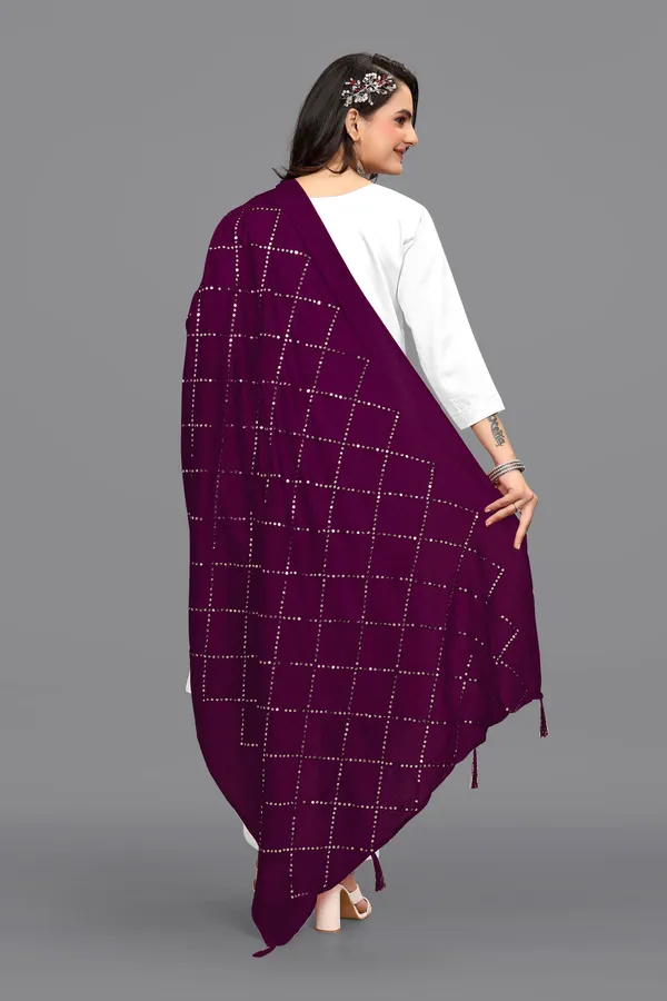 Chanderi_Diamond_Checks_Sequin_Dupatta_With_Tassels_Wine