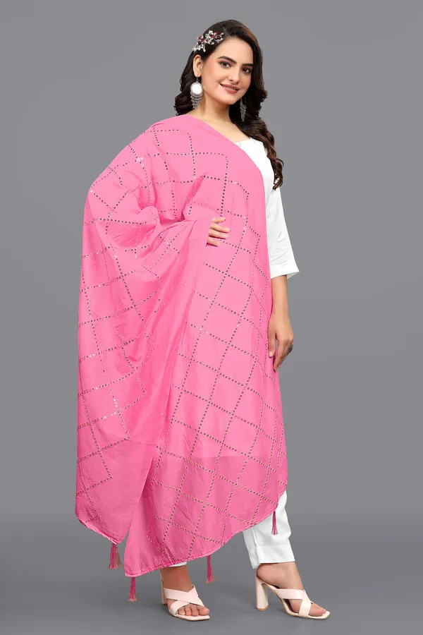 Chanderi_Diamond_Checks_Sequin_Dupatta_With_Tassels_Light_Pink