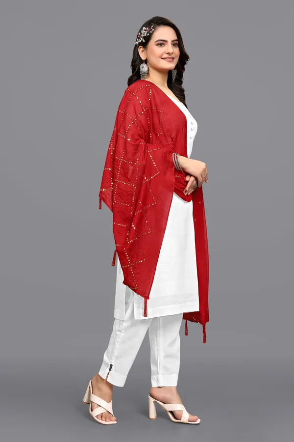 Chanderi_Diamond_Checks_Sequin_Dupatta_With_Tassels_Red
