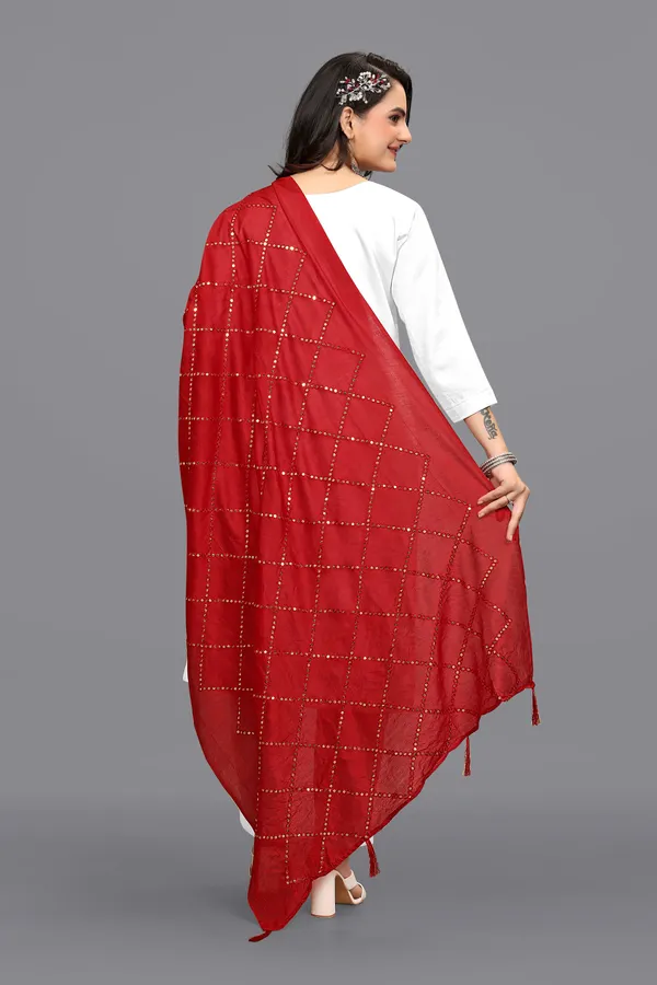 Chanderi_Diamond_Checks_Sequin_Dupatta_With_Tassels_Red