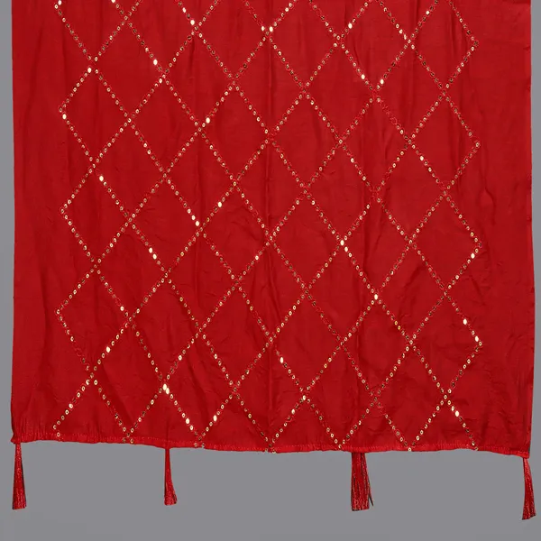 Chanderi_Diamond_Checks_Sequin_Dupatta_With_Tassels_Red