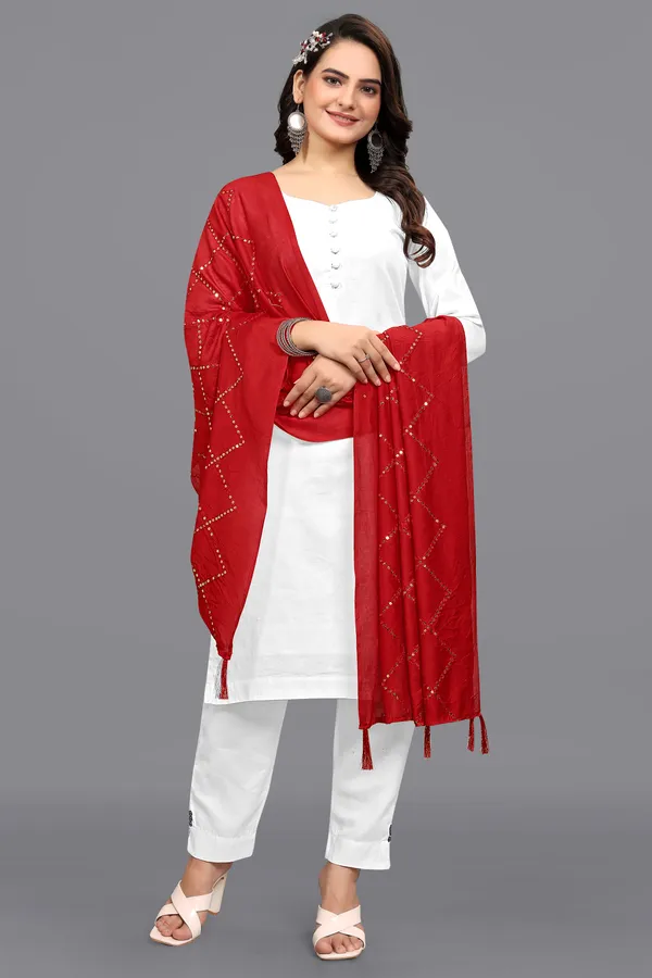 Chanderi_Diamond_Checks_Sequin_Dupatta_With_Tassels_Red