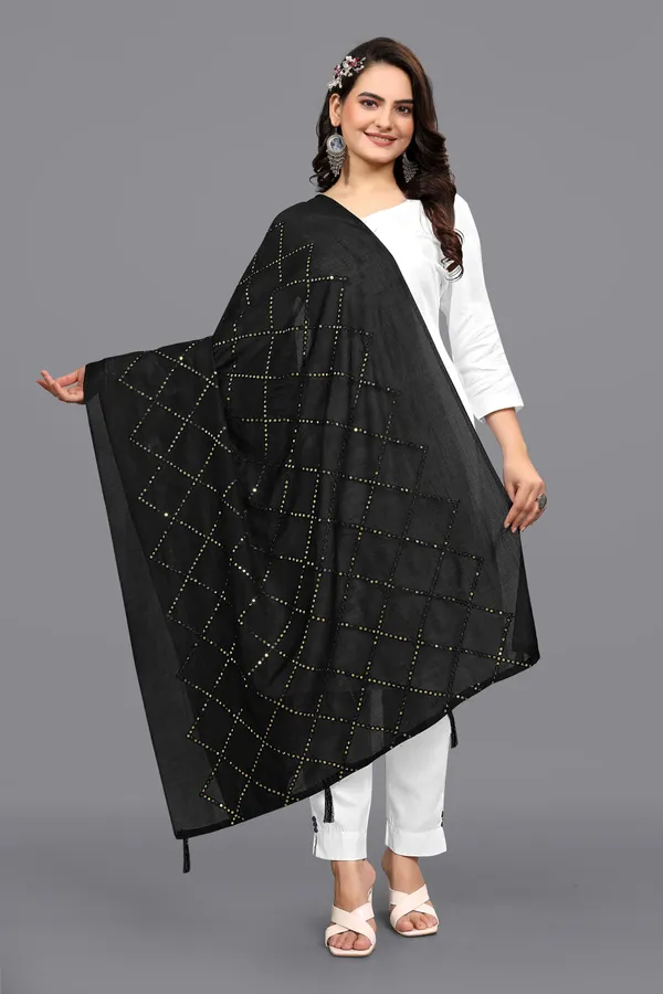Chanderi_Diamond_Checks_Sequin_Dupatta_With_Tassels_Black