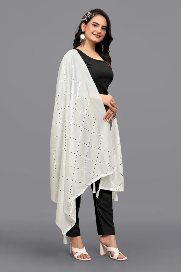 Chanderi_Diamond_Checks_Sequin_Dupatta_With_Tassels_White