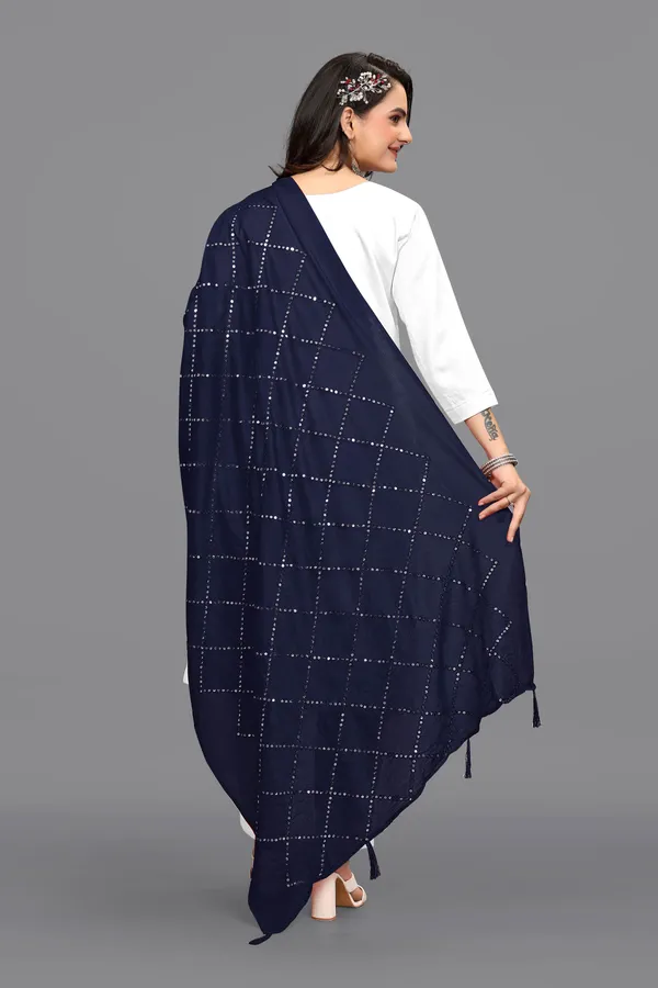 Chanderi_Diamond_Checks_Sequin_Dupatta_With_Tassels_Navy_Blue