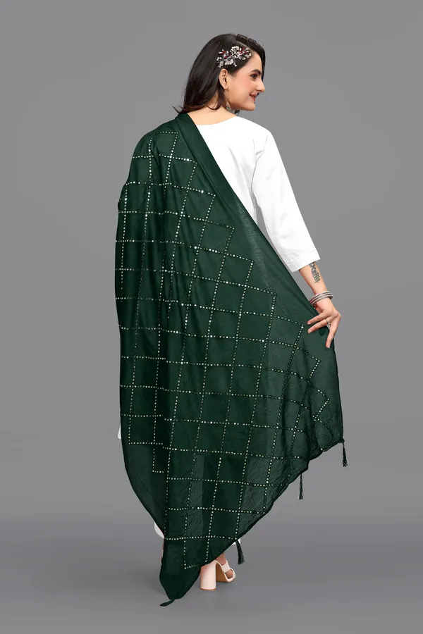 Chanderi_Diamond_Checks_Sequin_Dupatta_With_Tassels_Green