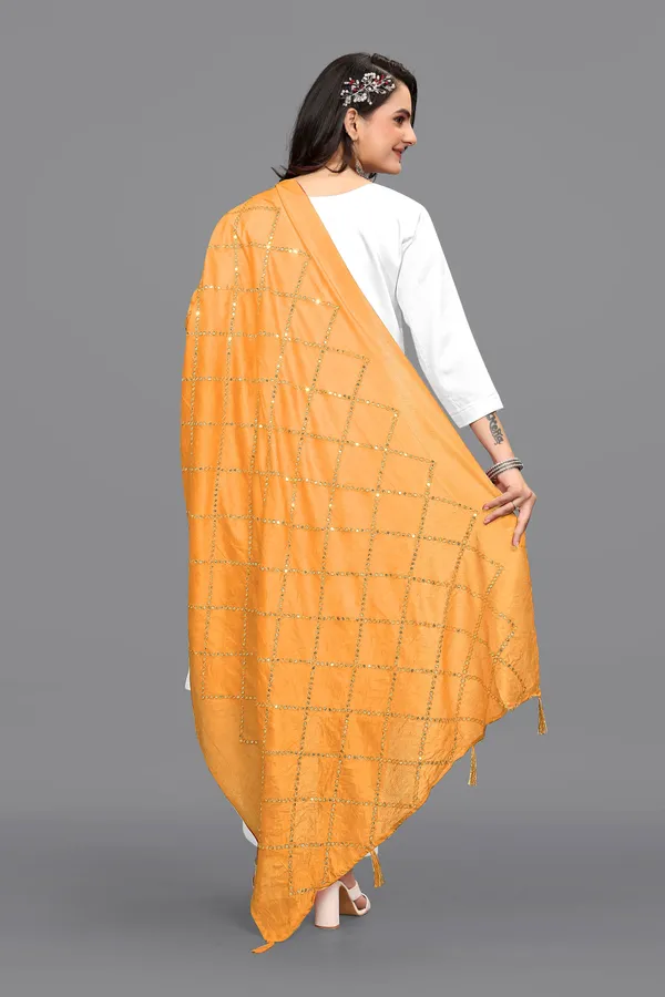 Chanderi_Diamond_Checks_Sequin_Dupatta_With_Tassels_Yellow