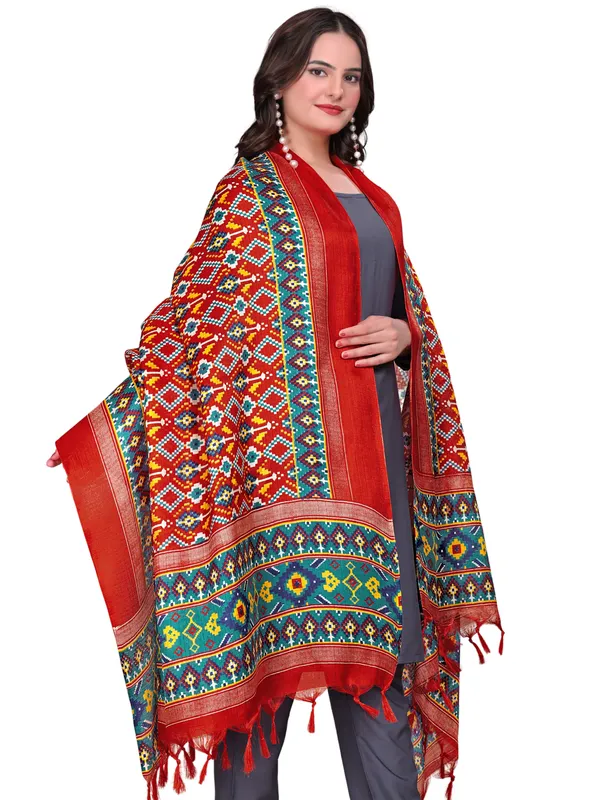 Cotton_Silk_Patola_Digital_Print_Dupatta_With_Tassels_Red