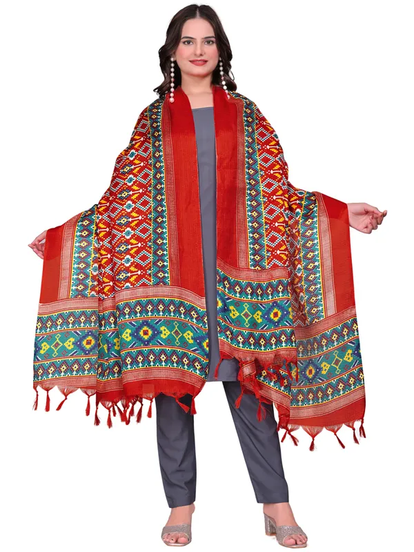Cotton_Silk_Patola_Digital_Print_Dupatta_With_Tassels_Red