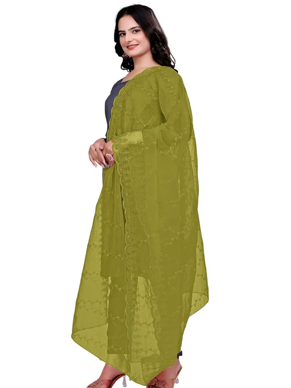 Organza_Embroidered_Dupatta_With_Sequins_Scalloped_Border_Mahendi_Green