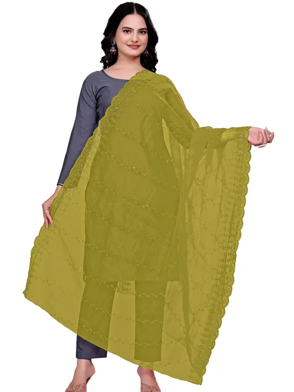 Organza_Embroidered_Dupatta_With_Sequins_Scalloped_Border_Mahendi_Green