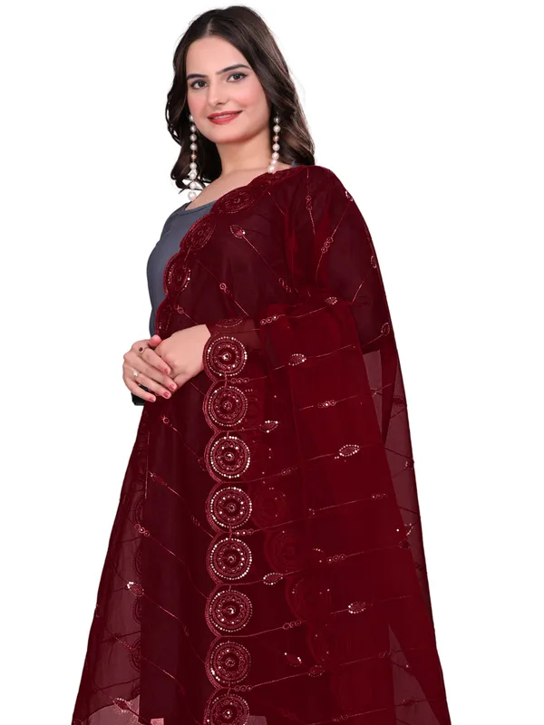 Organza_Striped_Embroidery_Dupatta_With_Medallion_Border_Maroon