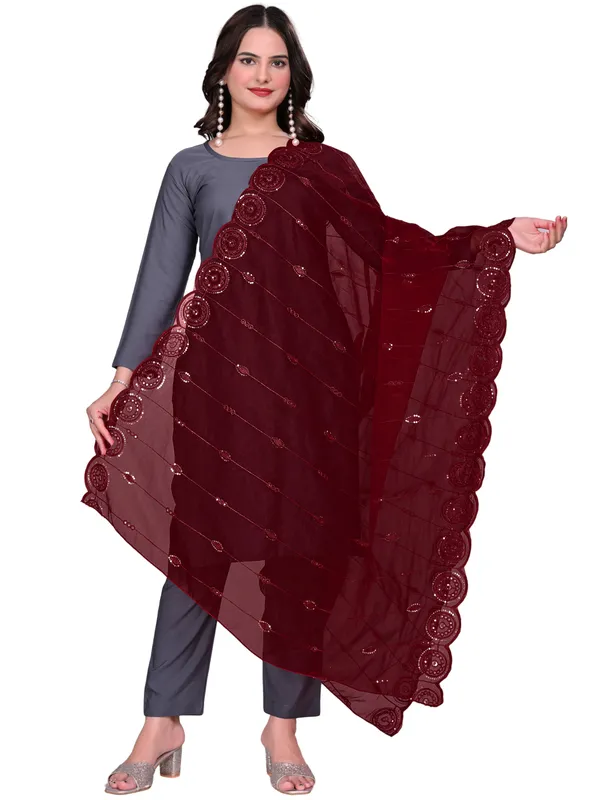 Organza_Striped_Embroidery_Dupatta_With_Medallion_Border_Maroon