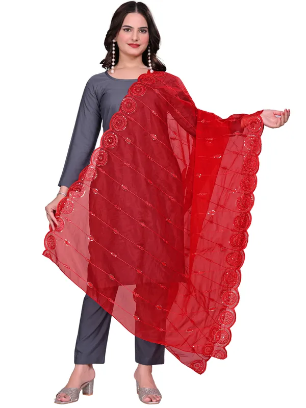 Organza_Striped_Embroidery_Dupatta_With_Medallion_Border_Red