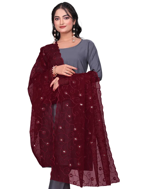 Organza_Floral_Jaal_Embroidered_Dupatta_With_Sequins_Maroon