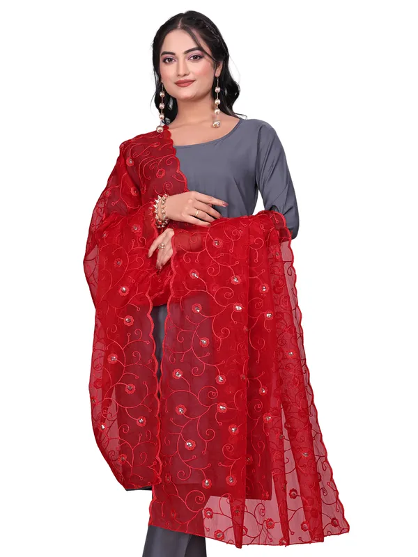Organza_Floral_Jaal_Embroidered_Dupatta_With_Sequins_Red