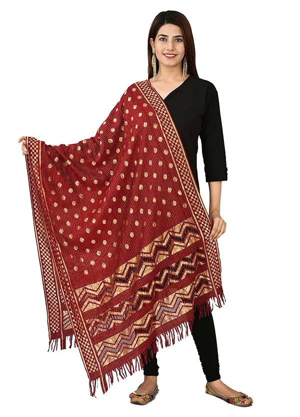 Net_Zari_Buti_Dupatta_With_Chevron_Pallu_Tassels_Maroon