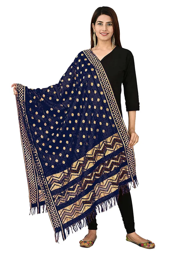 Net_Zari_Buti_Dupatta_With_Chevron_Pallu_Tassels_Navy_Blue
