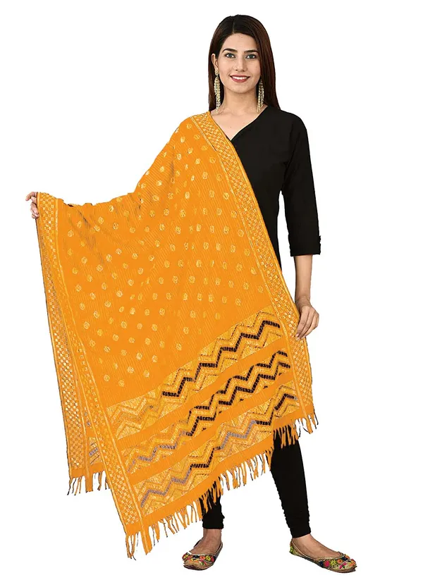 Net_Zari_Buti_Dupatta_With_Chevron_Pallu_Tassels_Yellow