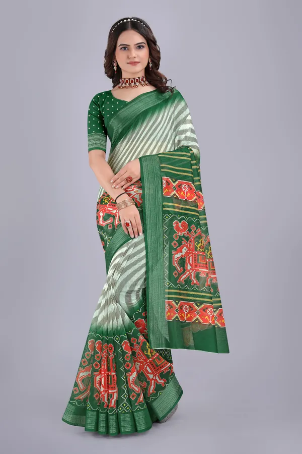 Linen_Cotton_Digital_Printed_Saree_With_Blouse_Piece_Green
