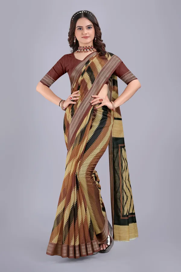 Linen_Cotton_Digital_Printed_Saree_With_Blouse_Piece_Brown