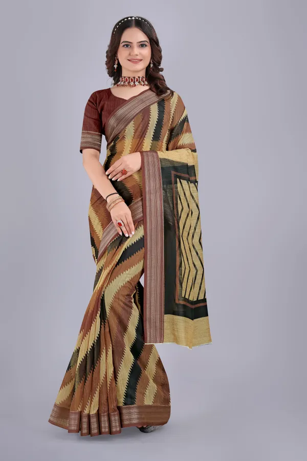 Linen_Cotton_Digital_Printed_Saree_With_Blouse_Piece_Brown