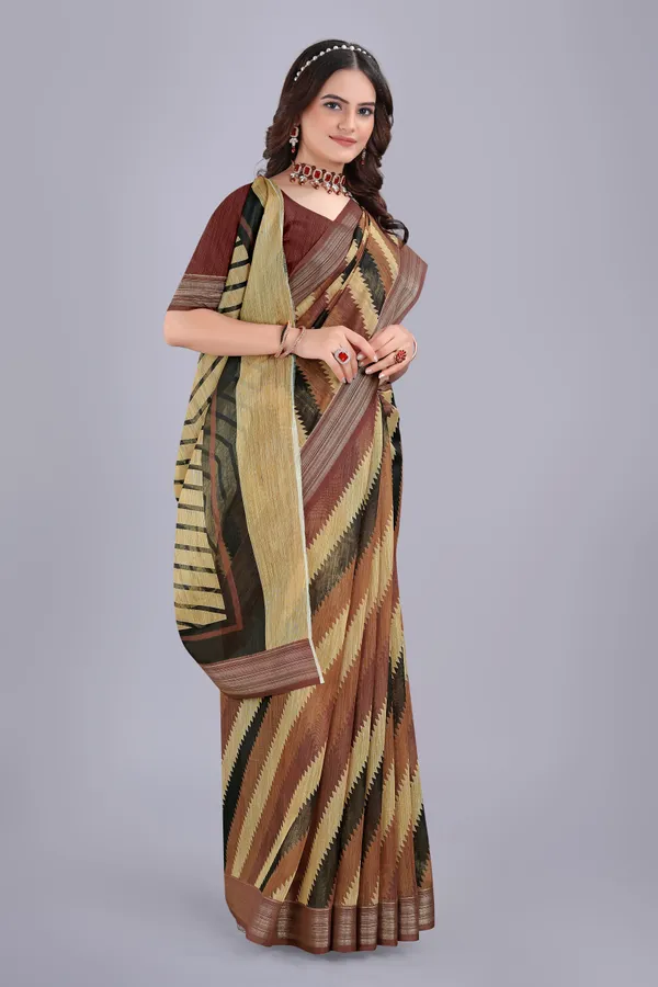 Linen_Cotton_Digital_Printed_Saree_With_Blouse_Piece_Brown