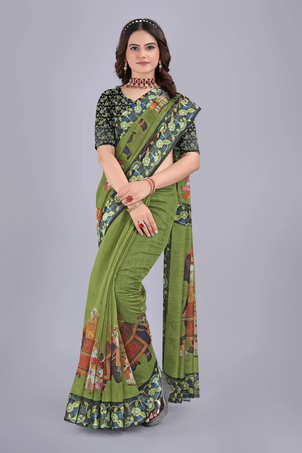 Linen_Cotton_Digital_Printed_Saree_With_Blouse_Piece_Mahendi_Green