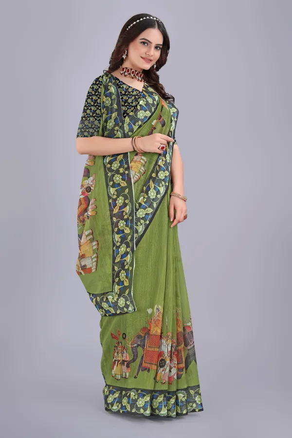 Linen_Cotton_Digital_Printed_Saree_With_Blouse_Piece_Mahendi_Green