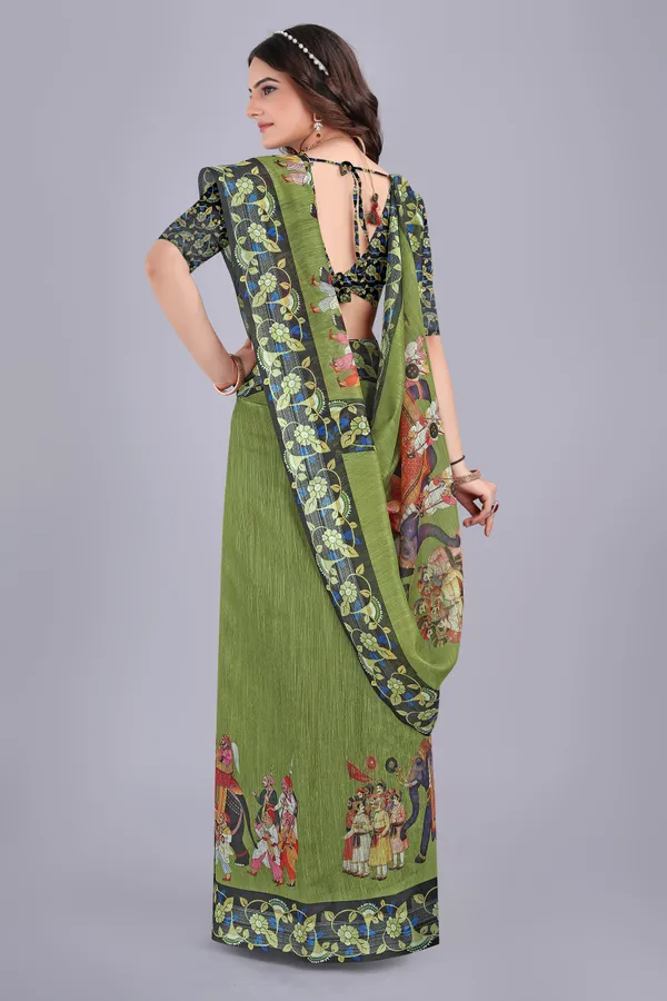 Linen_Cotton_Digital_Printed_Saree_With_Blouse_Piece_Mahendi_Green