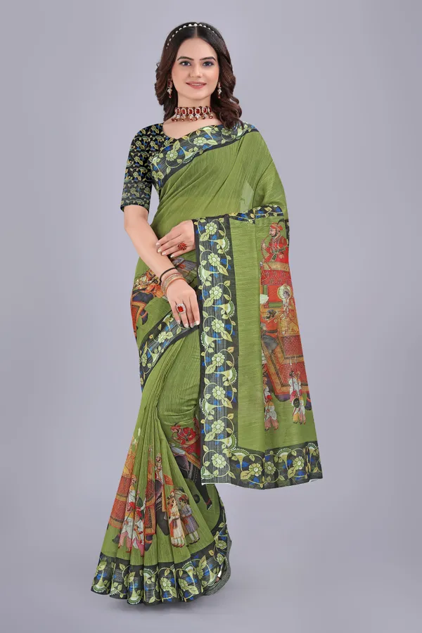 Linen_Cotton_Digital_Printed_Saree_With_Blouse_Piece_Mahendi_Green