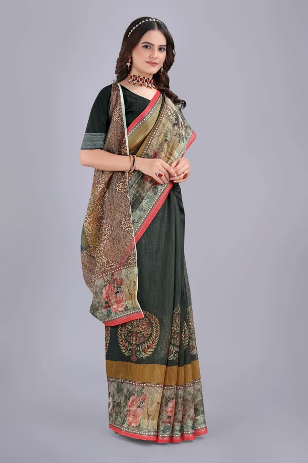 Linen_Cotton_Digital_Printed_Saree_With_Blouse_Piece_Black