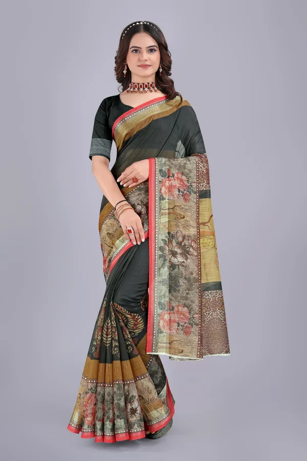 Linen_Cotton_Digital_Printed_Saree_With_Blouse_Piece_Black
