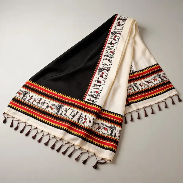 Cotton_Silk_Warli_Digital_Print_Dupatta_With_Tassels_Black